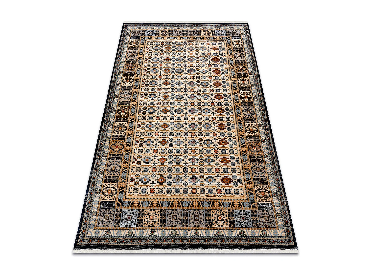 Tapis KESHAN franges, Cadre oriental 6428/53551 beige / bleu foncé 250x340 cm