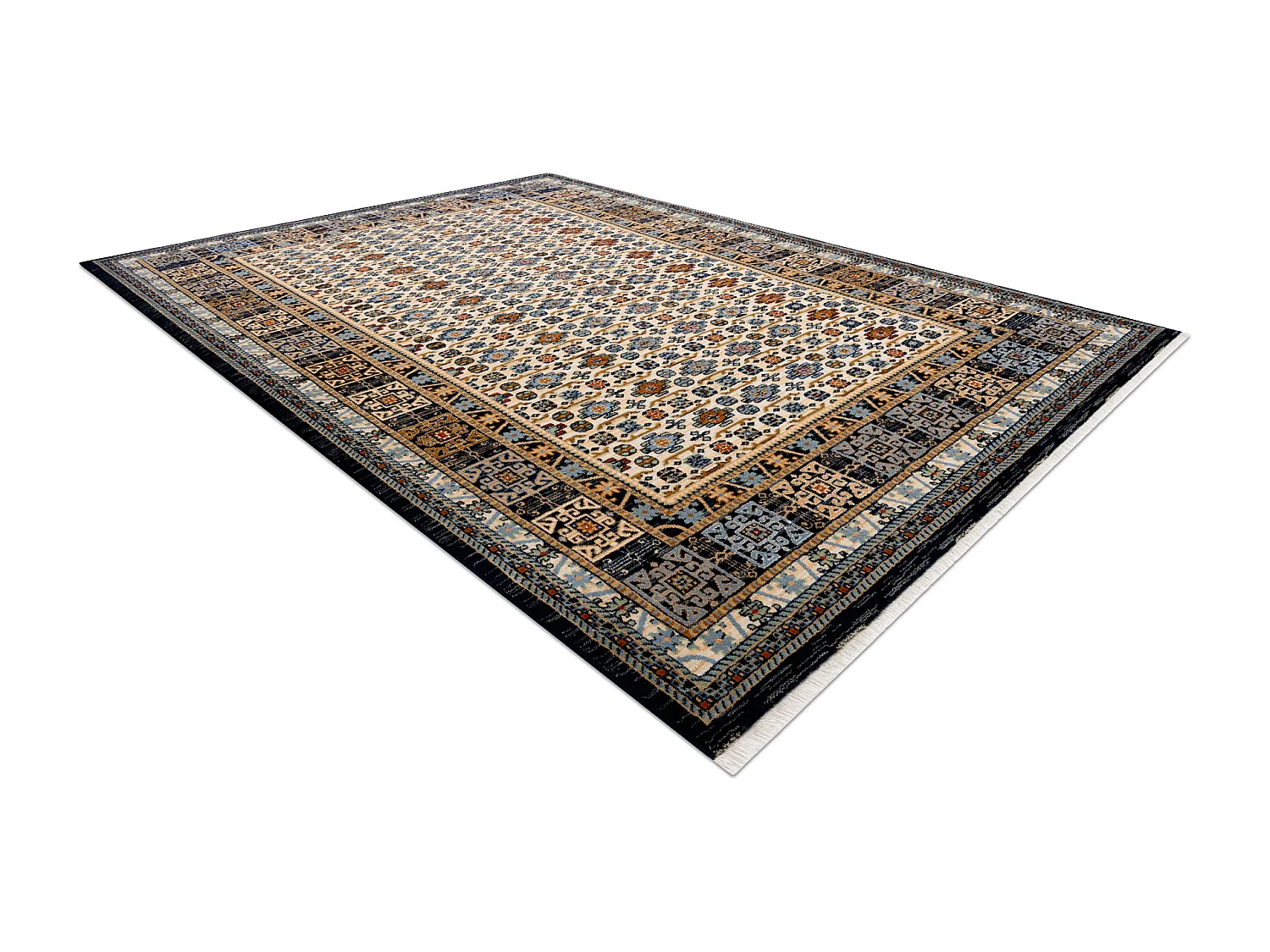 Tapis KESHAN franges, Cadre oriental 6428/53551 beige / bleu foncé 250x340 cm