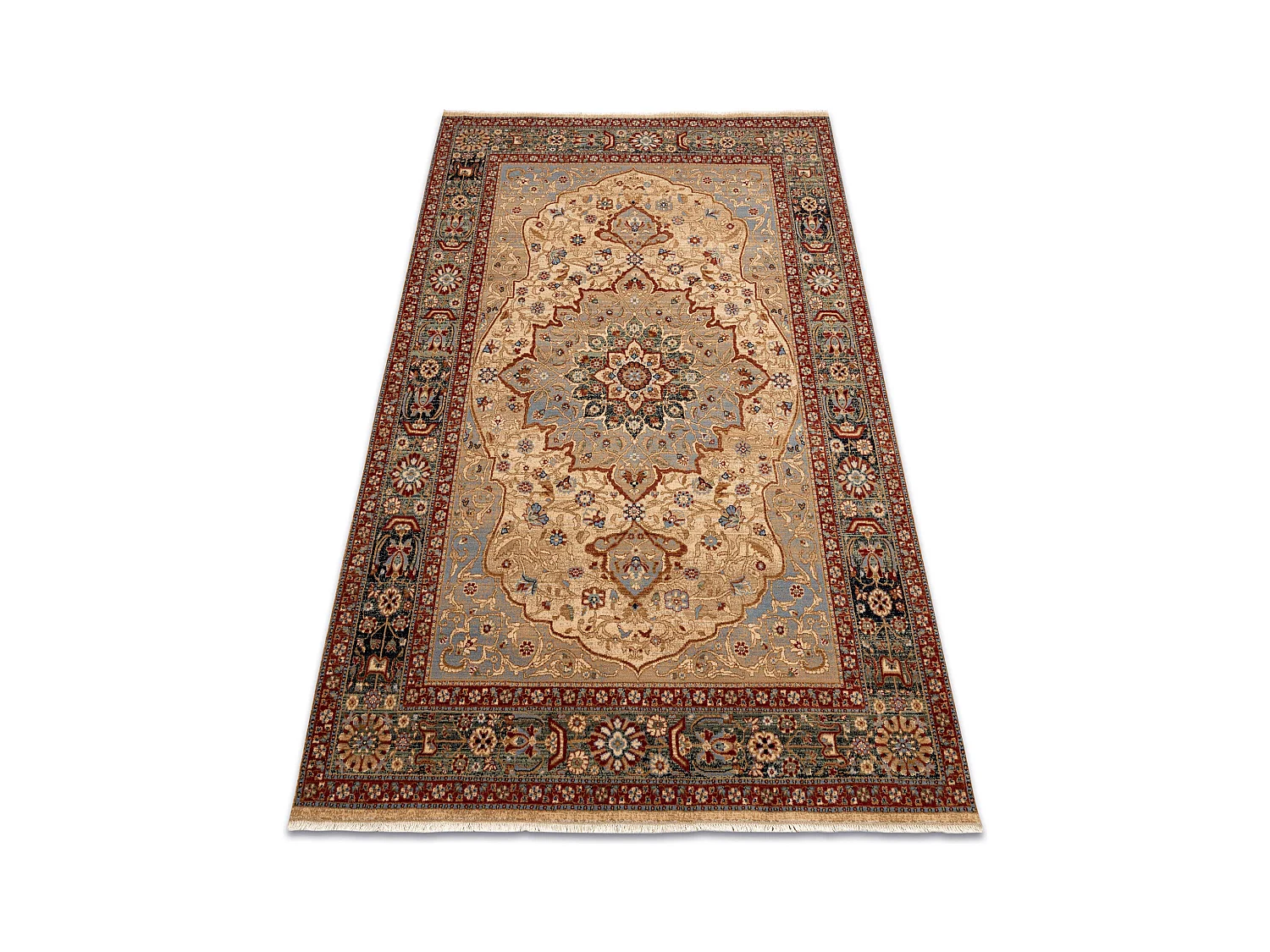 Tapis KESHAN franges, Rosette oriental 7519/53555 beige / bleu foncé 300x380 cm