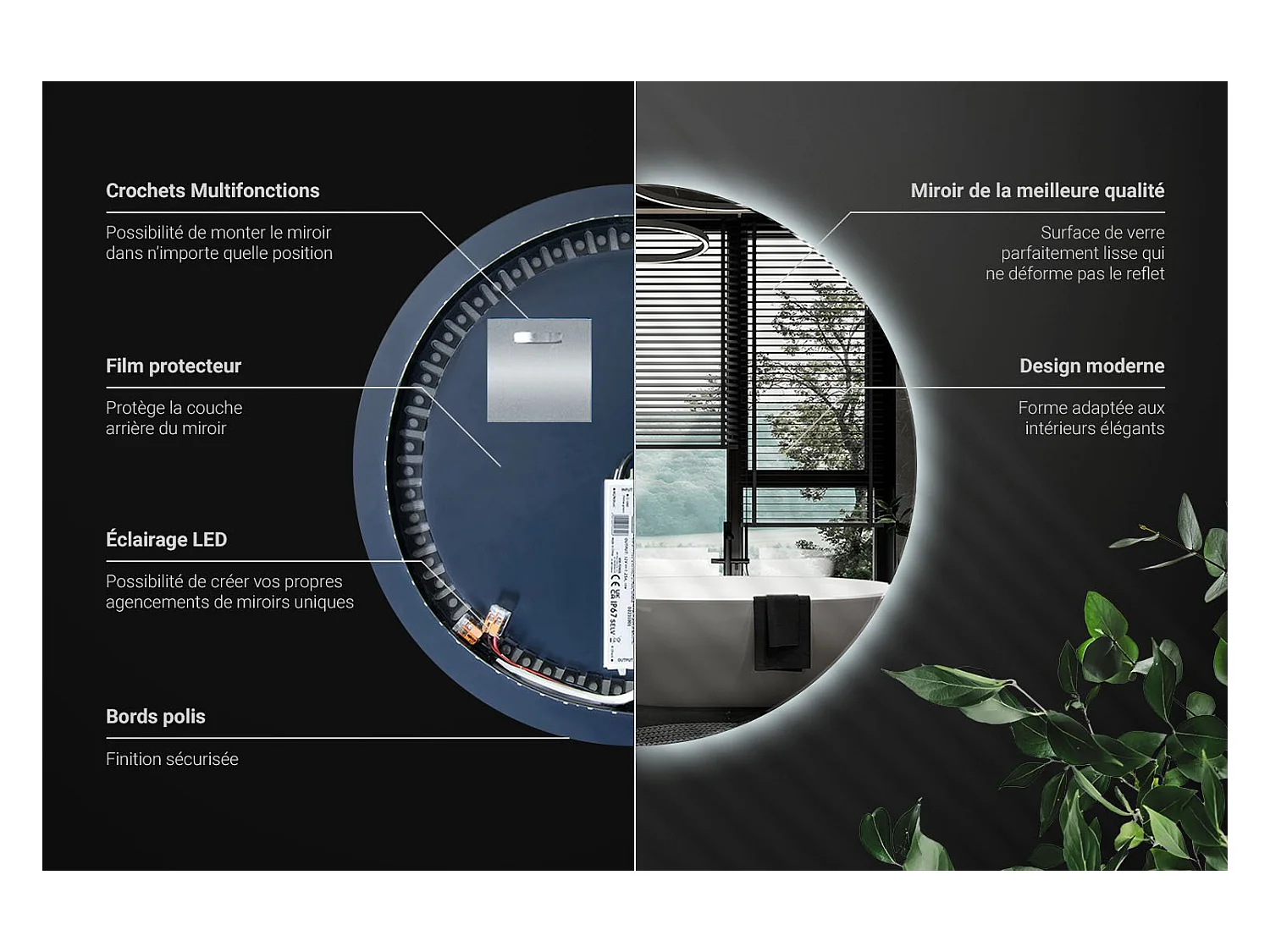 Miroir de salle de bain moderne éclairé par LED 70 cm, lumière froide