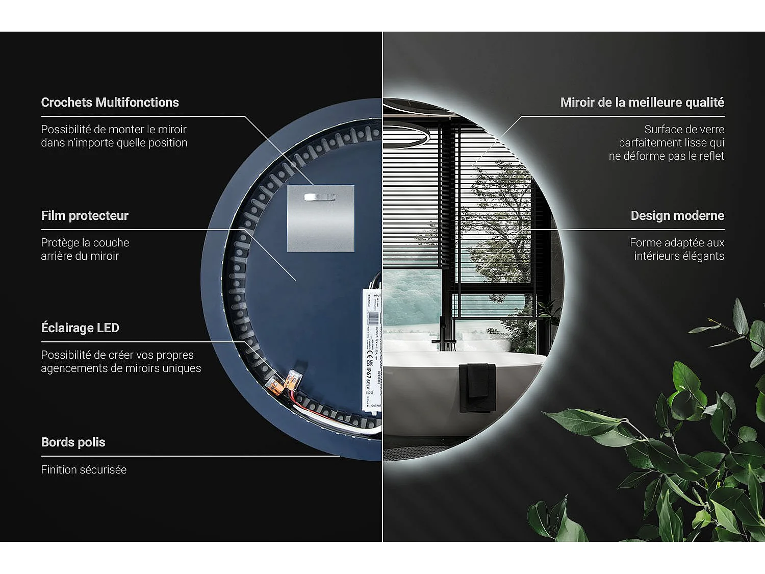 Miroir lumineux LED pour salon chambre 50 cmLumière froide