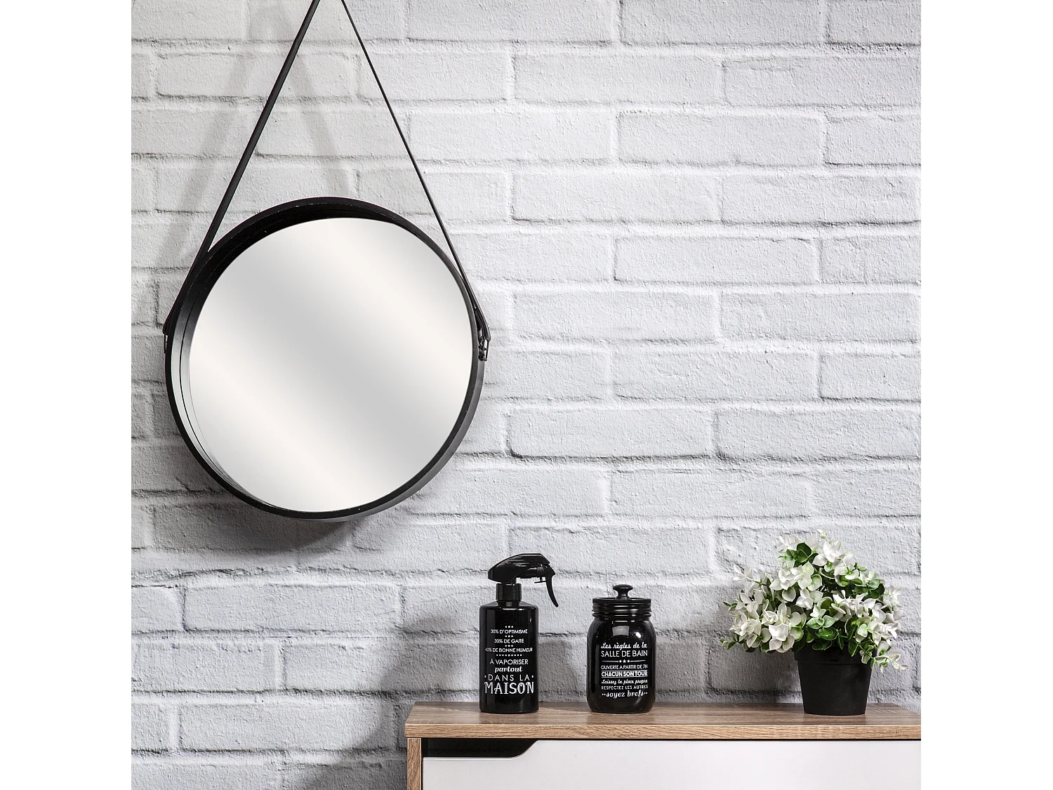 Miroir Rond Avec Anse Pu Noir 40cm Noir