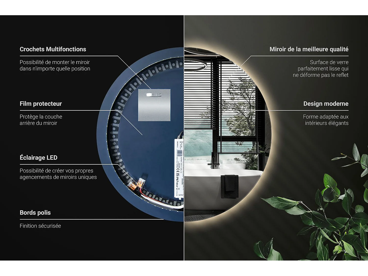 Miroir lumineux LED pour salon chambre 50 cm Lumière chaude