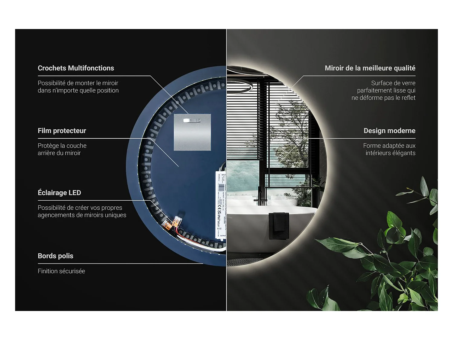Espejo con iluminación LED para salón dormitorio 90 cm Luz neutra