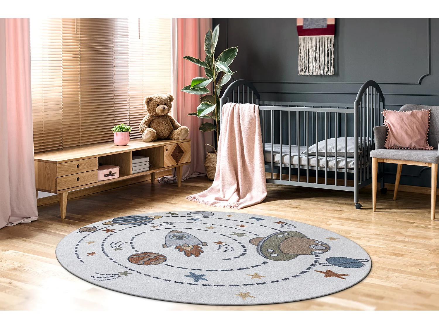Tapijt BONO 8288 cirkel Ruimte, planeten crème/antraciet cercle 100 cm