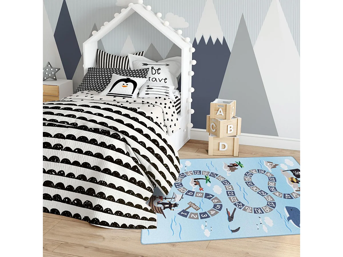 Tapis enfant 100x150 Lavable 30° TRESORS bleu