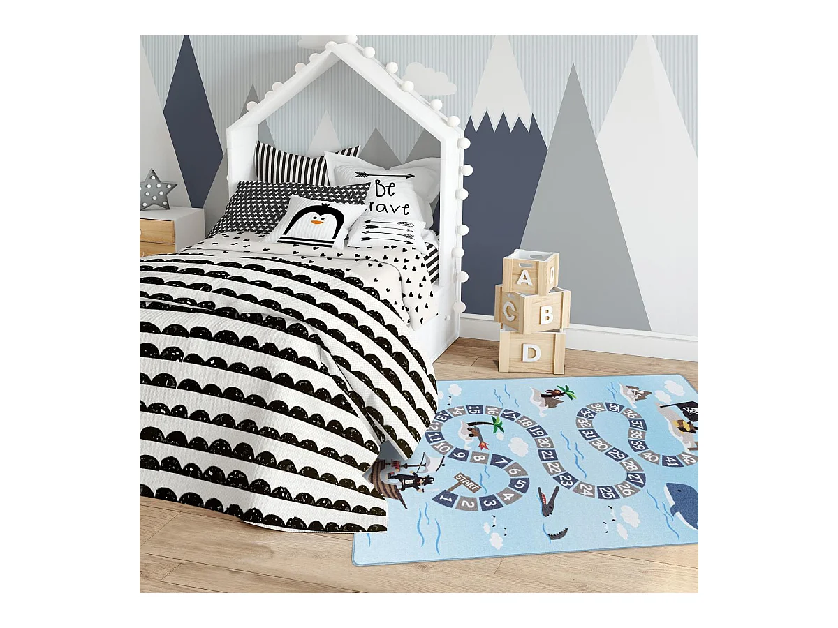 Tapis enfant 100x150 Lavable 30° TRESORS bleu