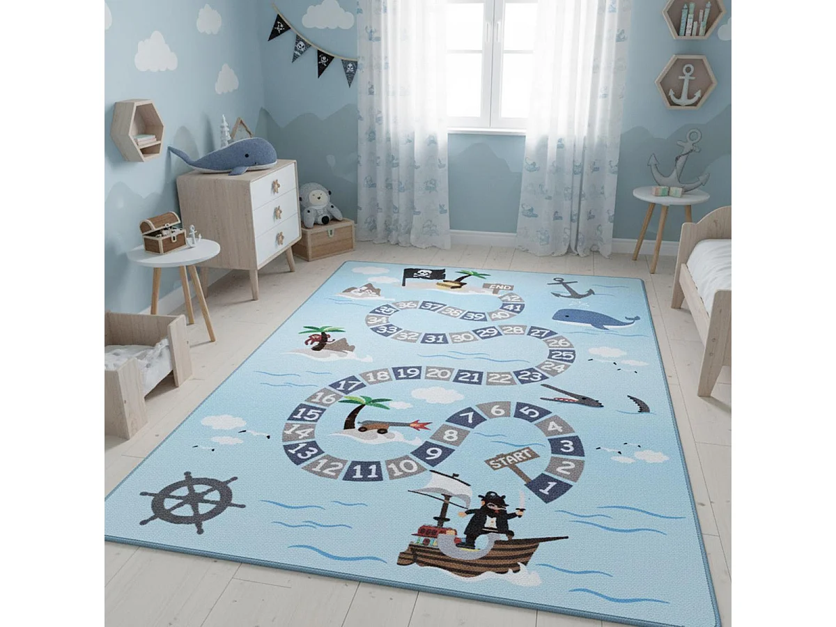 Tapis enfant 140x200 Lavable 30° TRESORS bleu