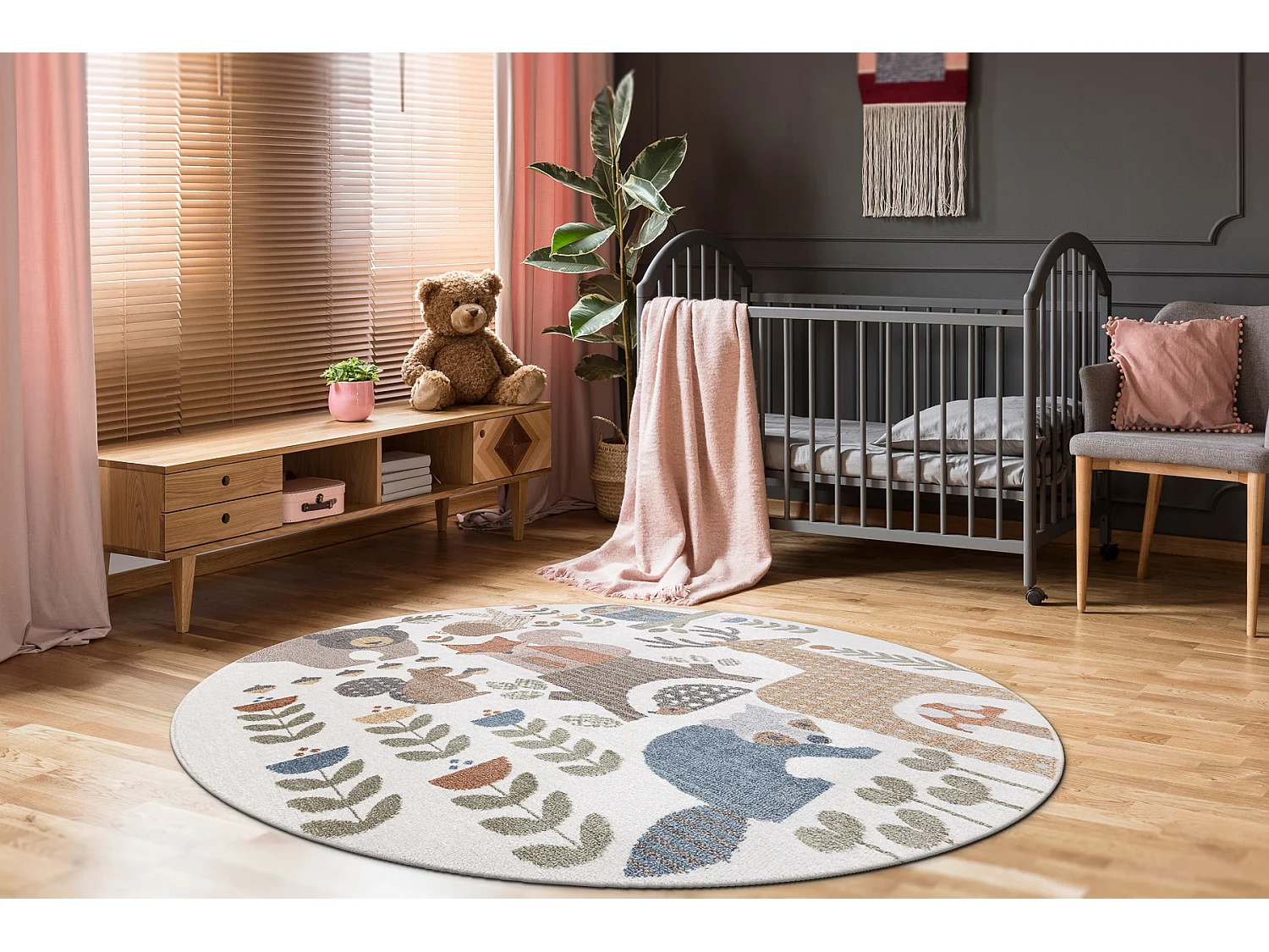 Tapis BONO 8425 cercle Animaux de la forêt crème/marron cercle 160 cm
