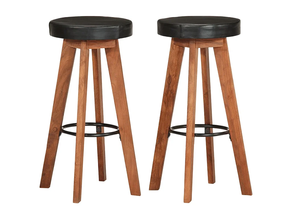 Sgabelli da Bar 2 pz in Vera Pelle e Legno Massello di Acacia