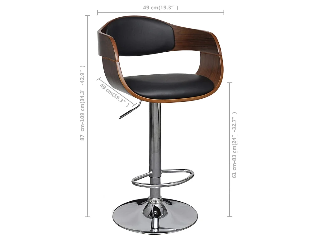 Tabourets de bar lot de 2 noir bois courbé et similicuir