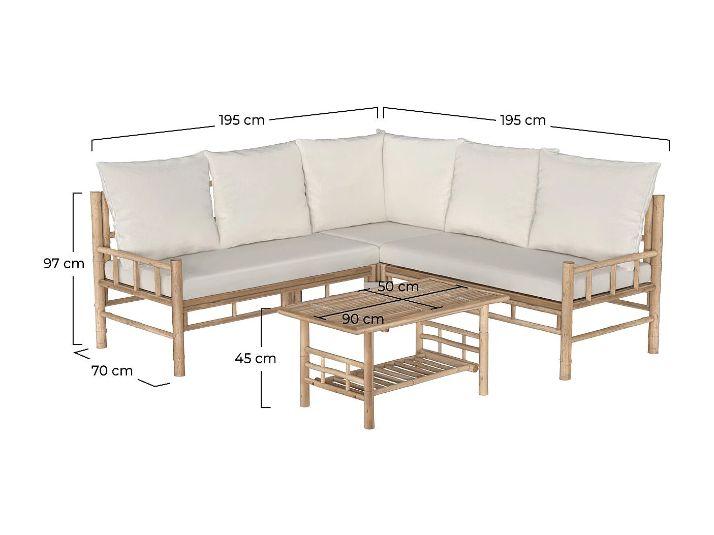 Salon de jardin en bambou avec un canapé d'angle et une table basse - Vadella