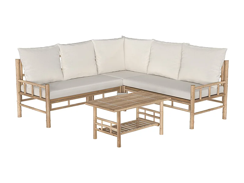 Salon de jardin blanc en bambou avec canapé d'angle et table basse - Vadella