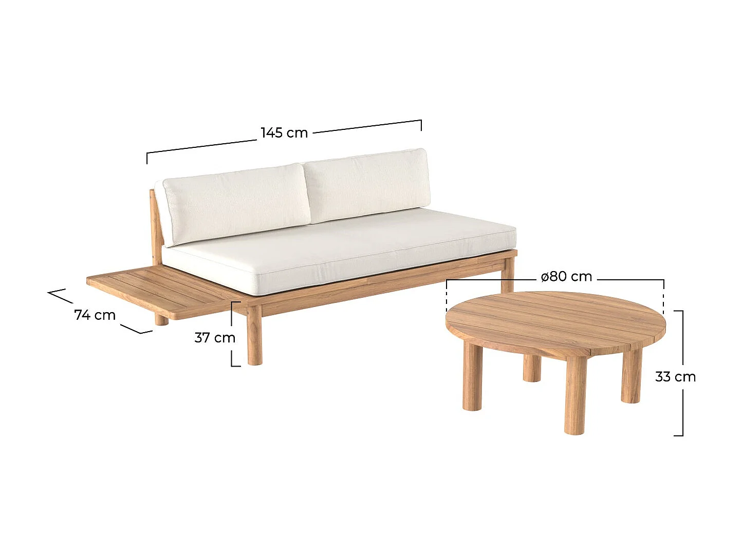 Salon de jardin en teck massif avec un canapé et une table basse ronde - Aurland