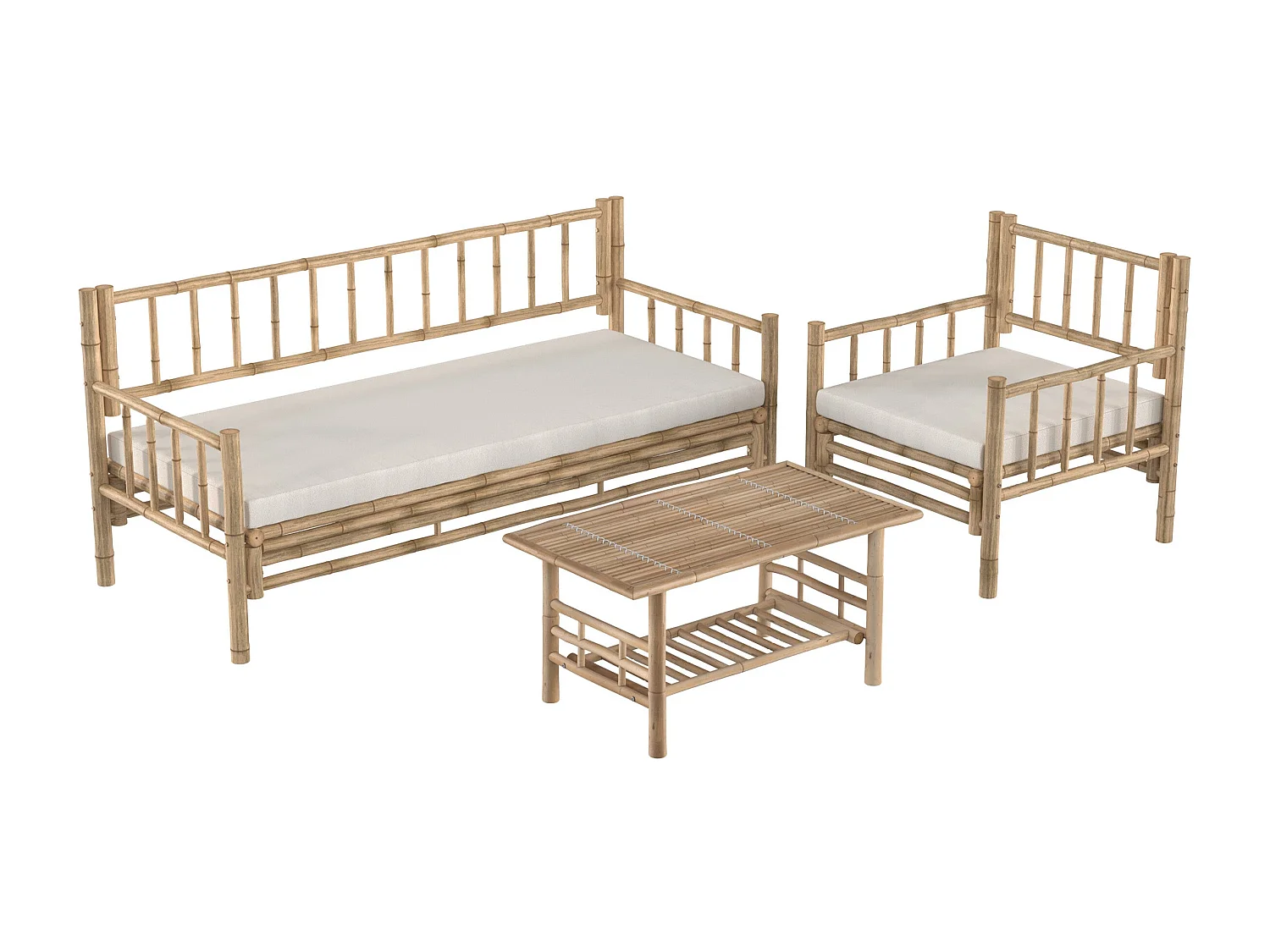 Conjunto de jardín de bambú con sofá, sillón y mesa de centro - Vadella