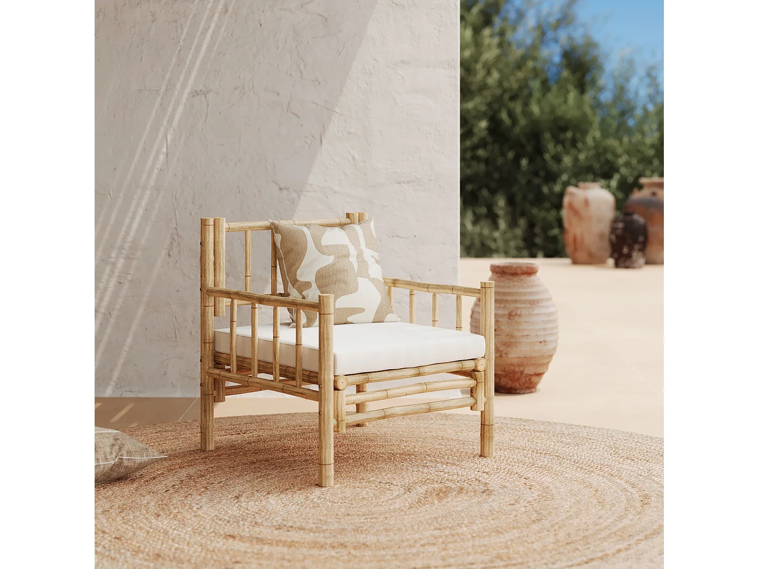 Conjunto de jardín de bambú con sofá, sillón y mesa de centro - Vadella