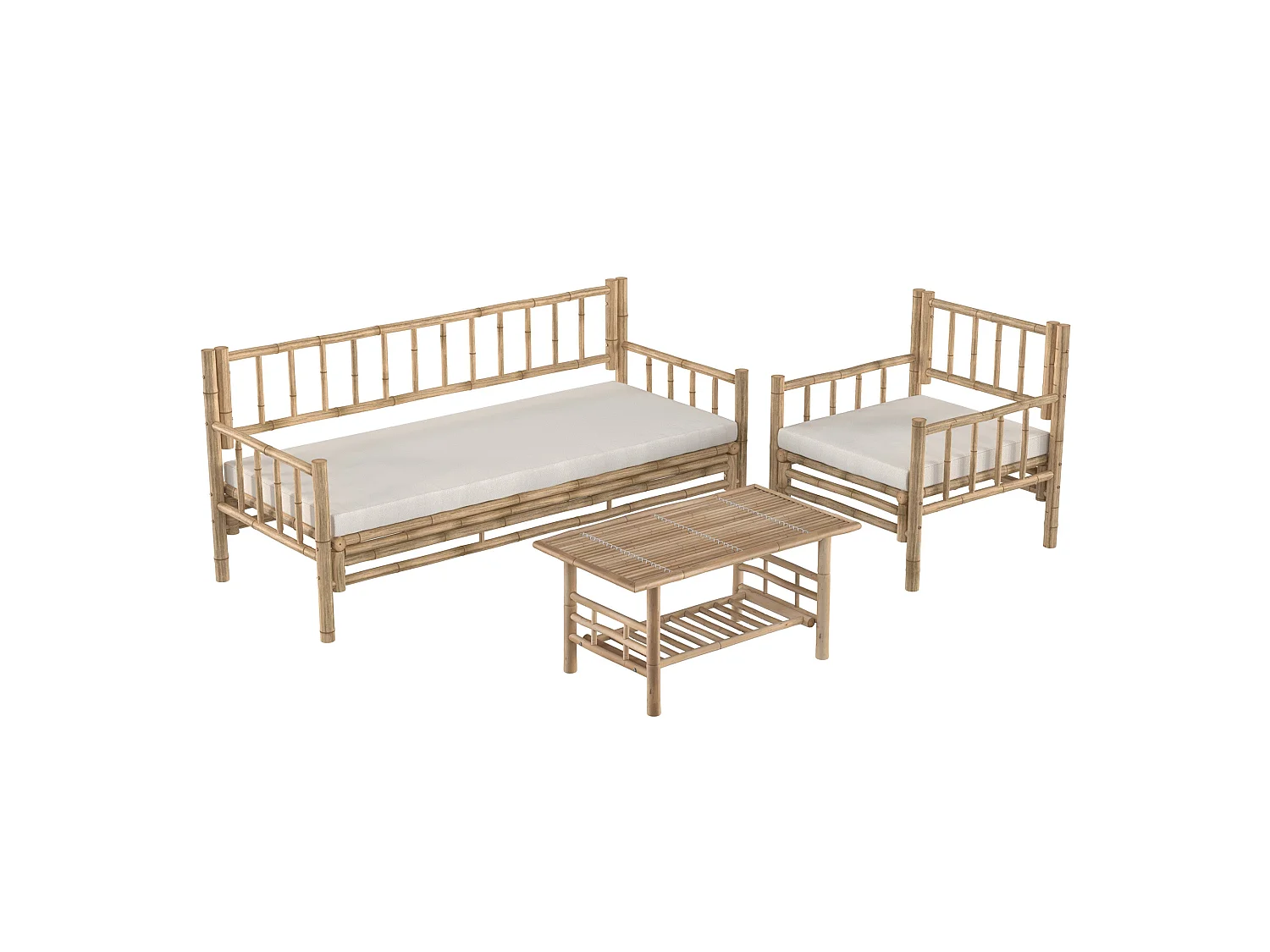 Conjunto de jardín blanco de bambú con sofá, sillón y mesa baja - Vadella
