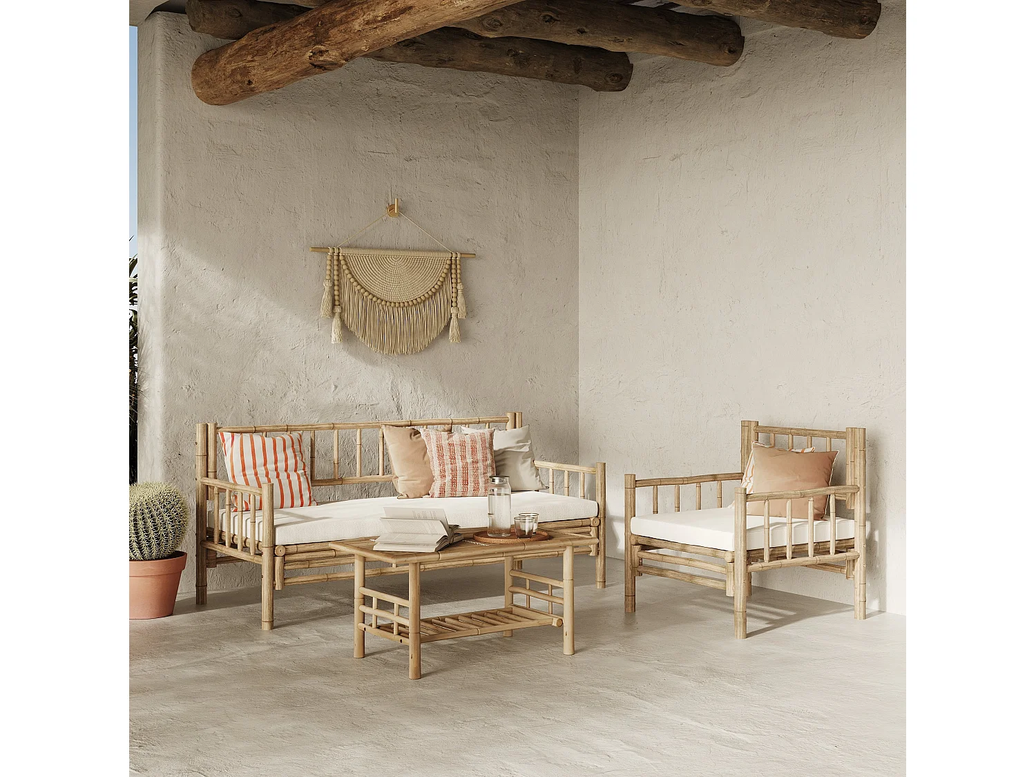 Conjunto de jardín blanco de bambú con sofá, sillón y mesa baja - Vadella