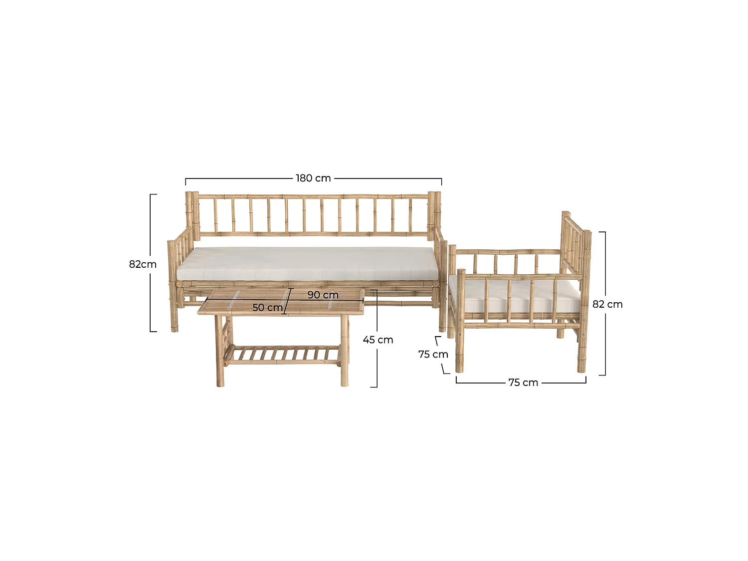 Conjunto de jardín blanco de bambú con sofá, sillón y mesa baja - Vadella