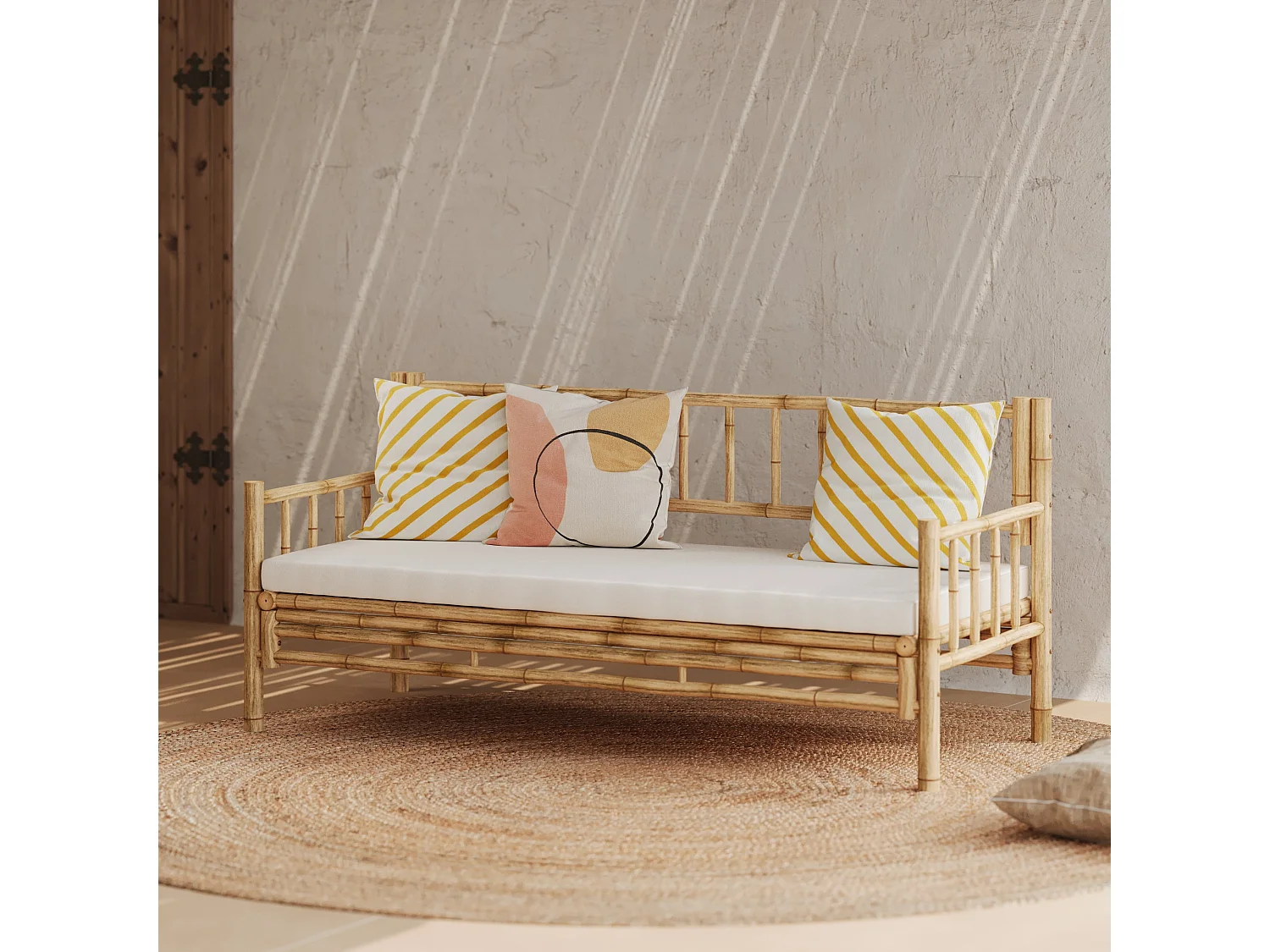Conjunto de jardín blanco de bambú con sofá, sillón y mesa baja - Vadella