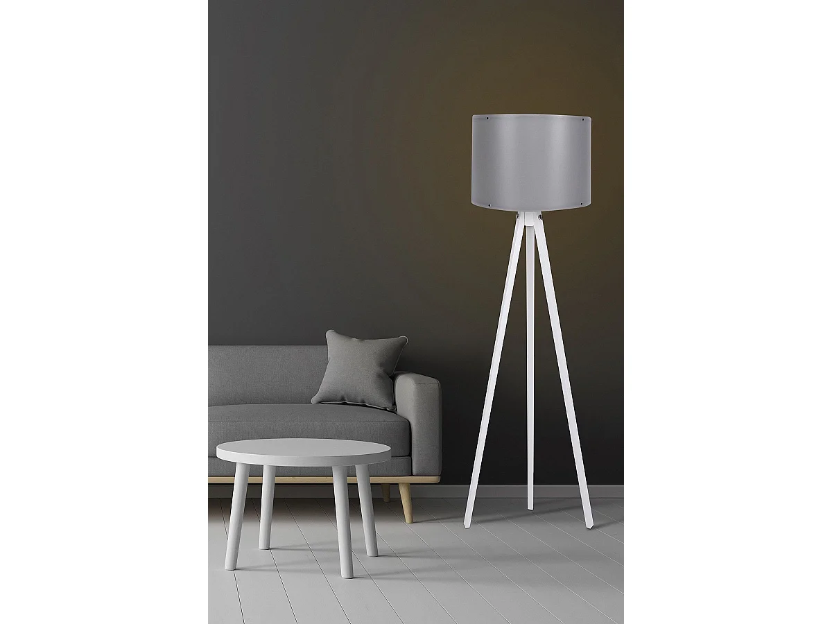 Lampadaire trépied Luca 145cm Tissu Gris et Bois Blanc
