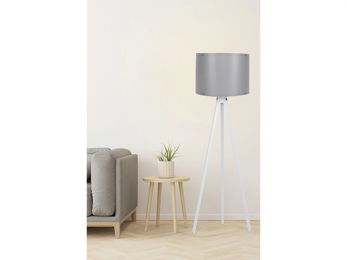 Lampadaire trépied Luca 145cm Tissu Gris et Bois Blanc
