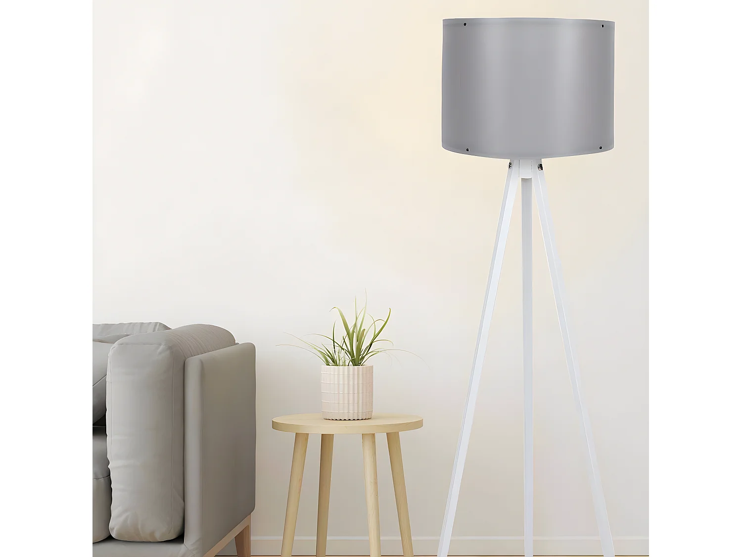 Lampadaire trépied Luca 145cm Tissu Gris et Bois Blanc