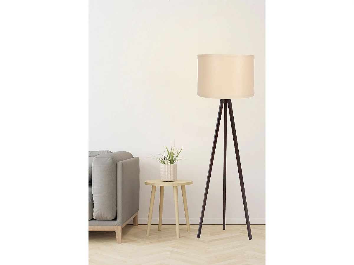 Lampadaire trépied Luca 145cm Tissu Blanc Blanc créme et Bois Marron