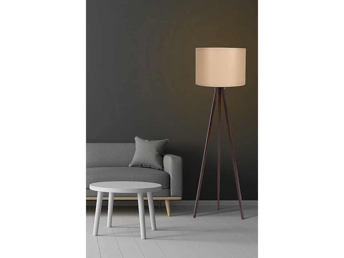 Lampadaire trépied Luca 145cm Tissu Blanc Blanc créme et Bois Marron