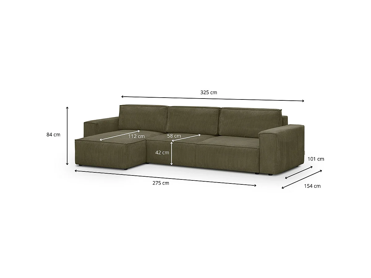 Canapé d'angle modulable réversible 5 places en velours côtelé vert kaki - Harper Mod