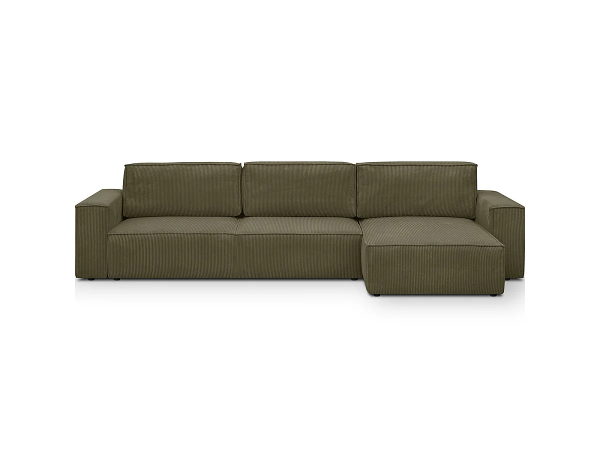 Canapé d'angle modulable réversible 5 places en velours côtelé vert kaki - Harper Mod