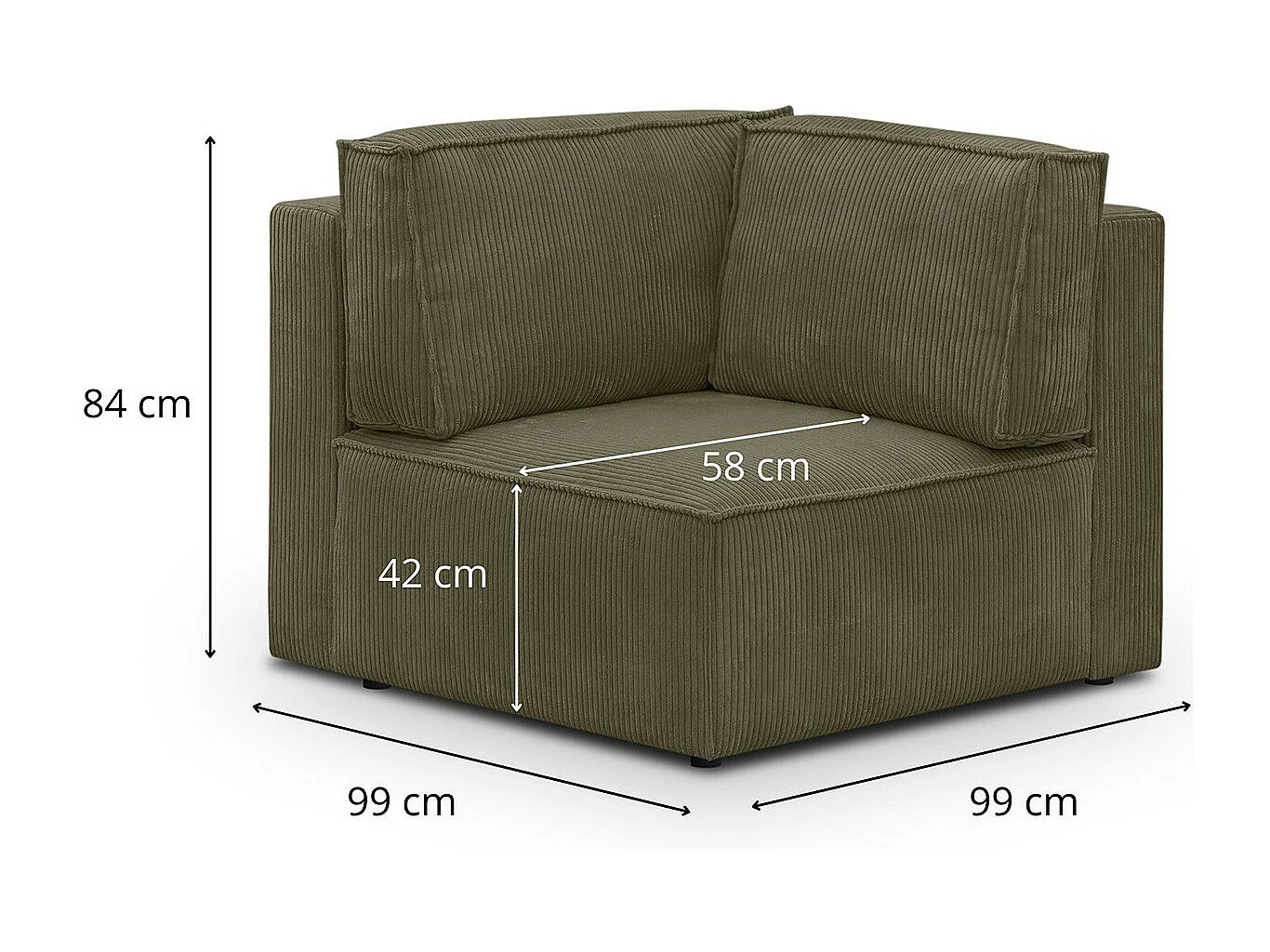 Module d'angle à droite en velours côtelé vert kaki - Harper Mod
