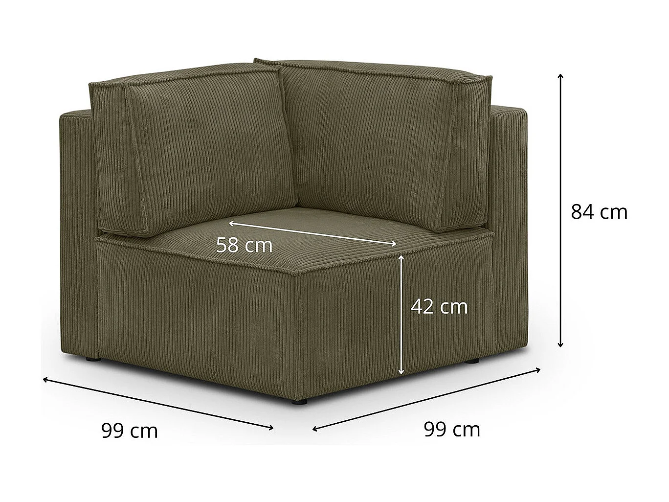 Module d'angle à gauche en velours côtelé vert kaki - Harper Mod