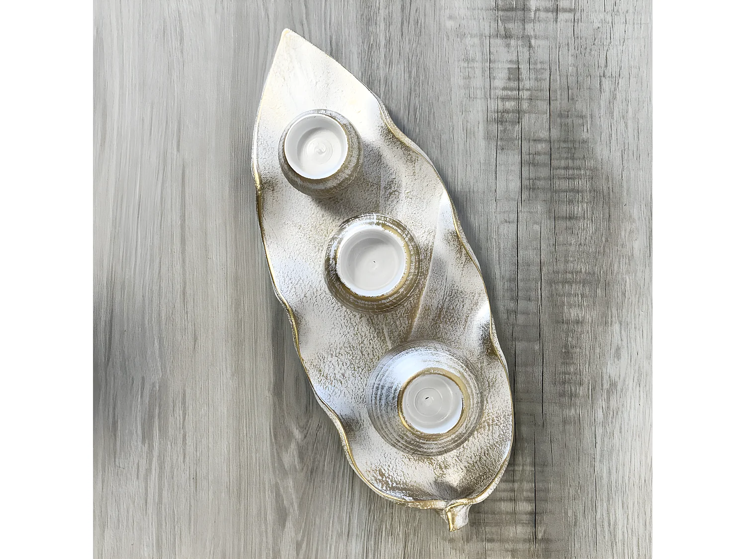 Feuille décorative en céramique avec 3 photophores 44 cm