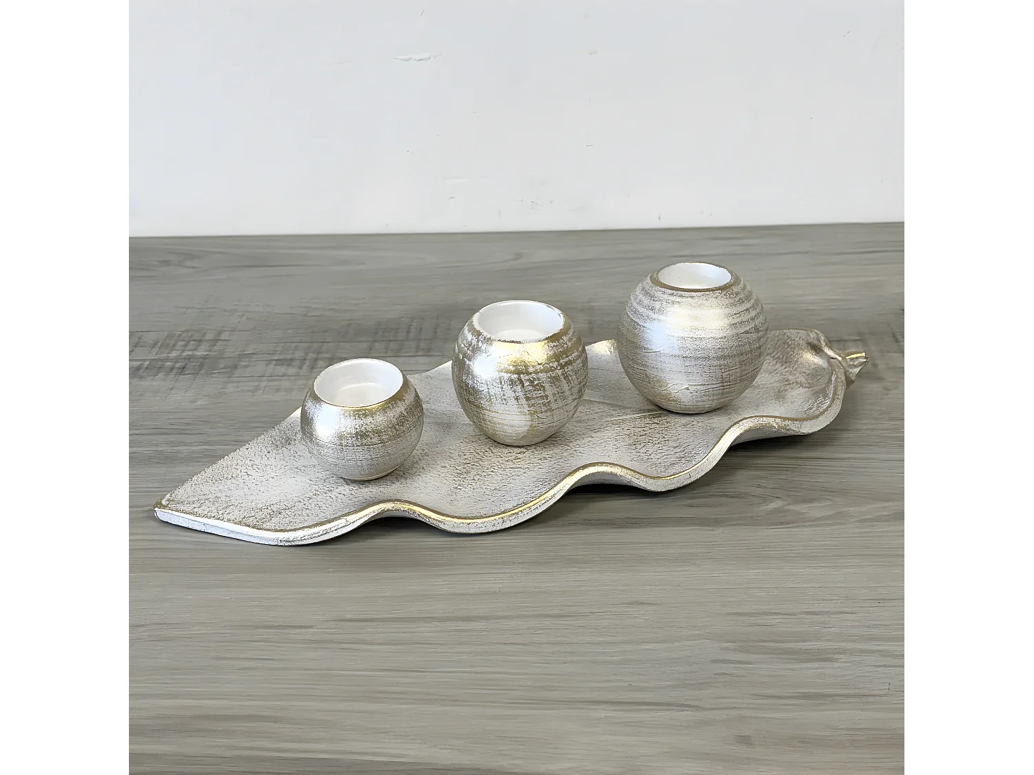 Feuille décorative en céramique avec 3 photophores 44 cm