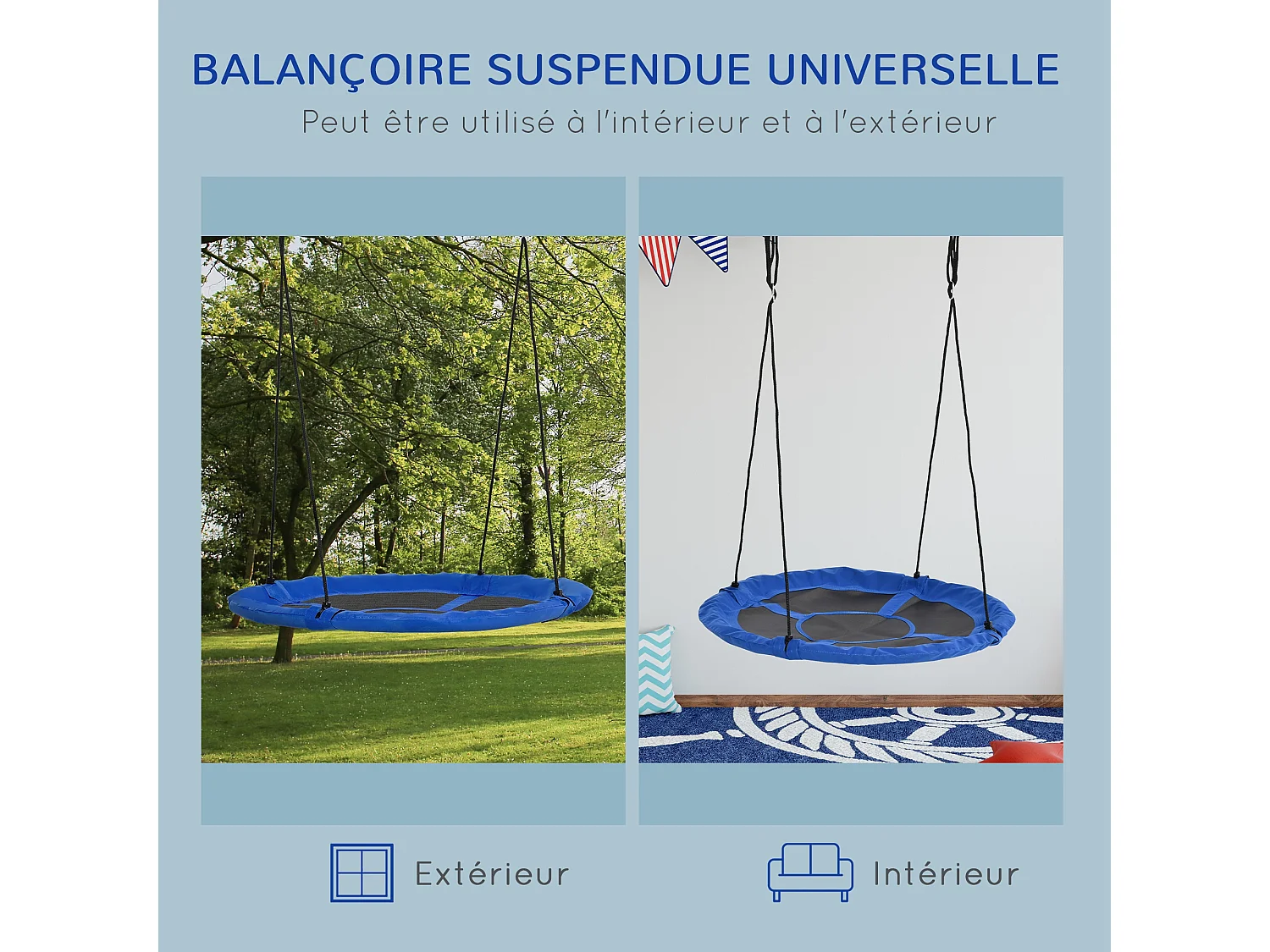 Balançoire nid d'oiseau ronde Ø 110 cm 4 anneaux inclus bleu