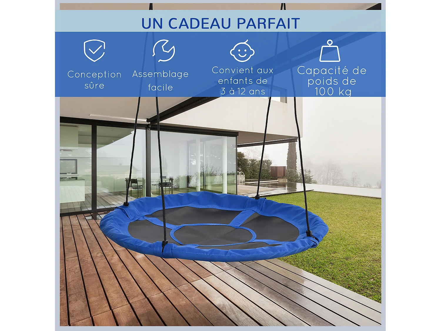 Balançoire nid d'oiseau ronde Ø 110 cm 4 anneaux inclus bleu