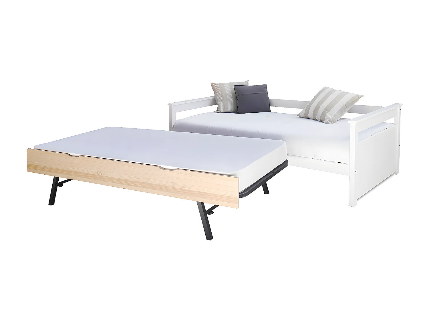 Pack lit gigogne avec 2 matelas 80x200 cm bois massif blanc et bois IZAO