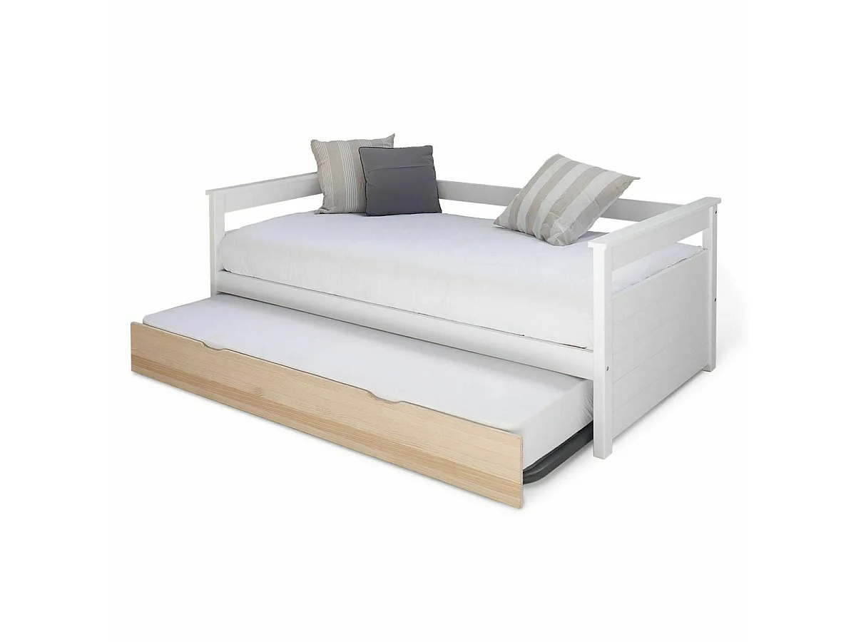 Pack lit gigogne avec 2 matelas 80x200 cm bois massif blanc et bois IZAO