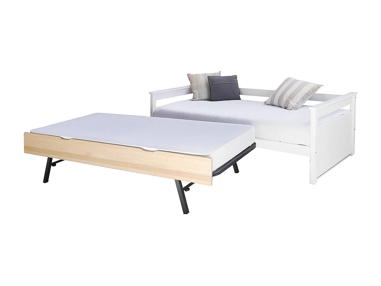 Pack lit gigogne avec 2 matelas 80x200 cm bois massif blanc et bois IZAO