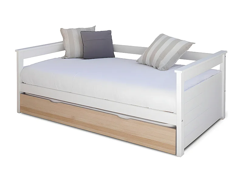 Pack lit gigogne avec 2 matelas 80x200 cm bois massif blanc et bois IZAO