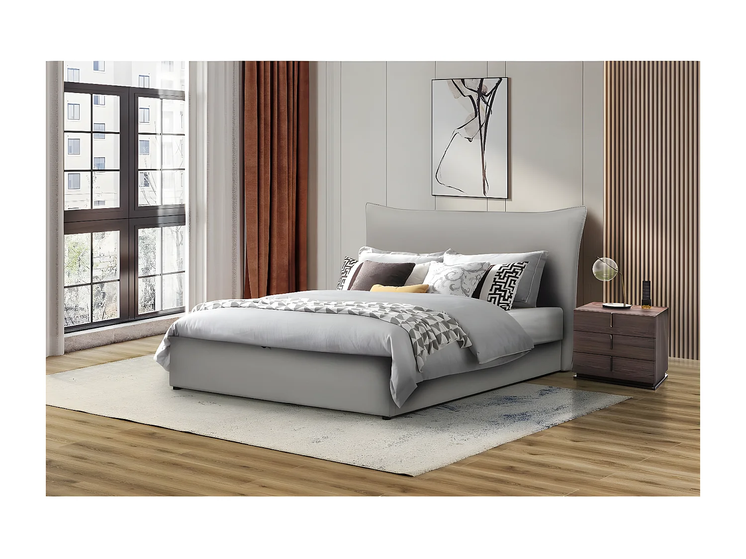 Cama doble con almacenaje "Megeve" 160 x 200 cm - Gris