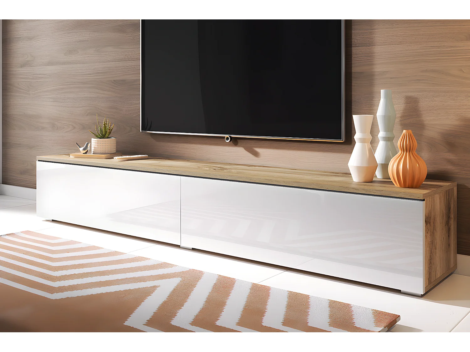Meuble TV - 180 cm - chêne wotan / blanc brillant -  sans LED - KANE