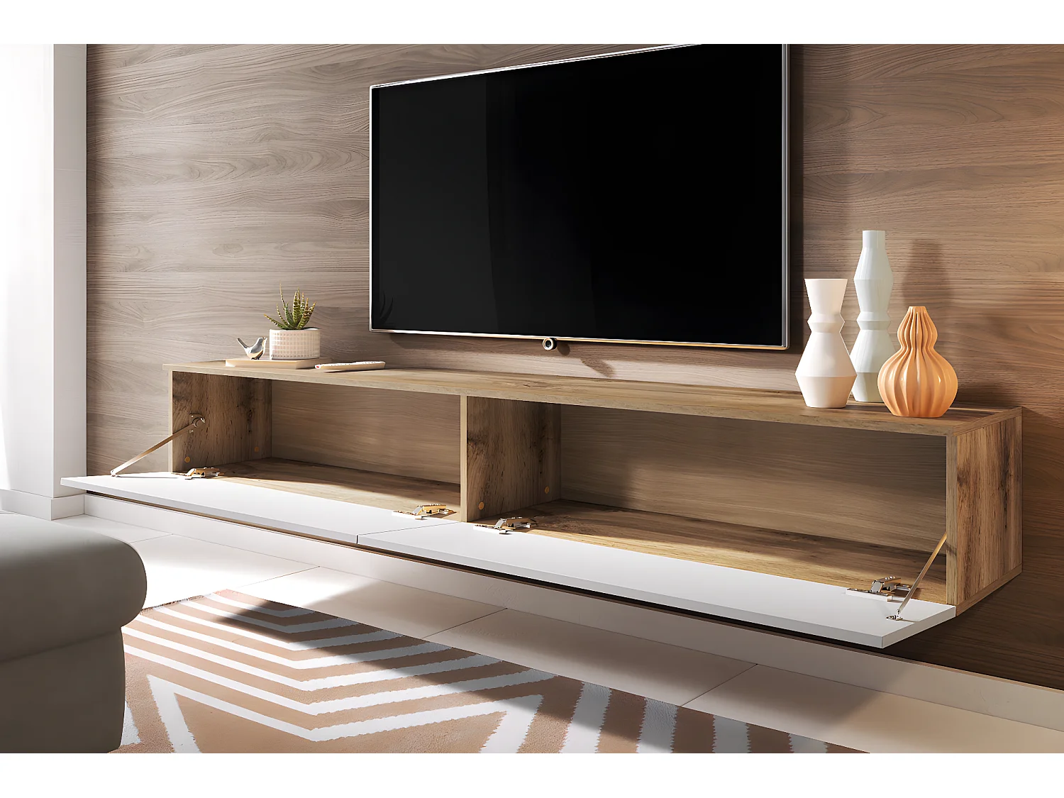Meuble TV - 180 cm - chêne wotan / blanc brillant -  sans LED - KANE