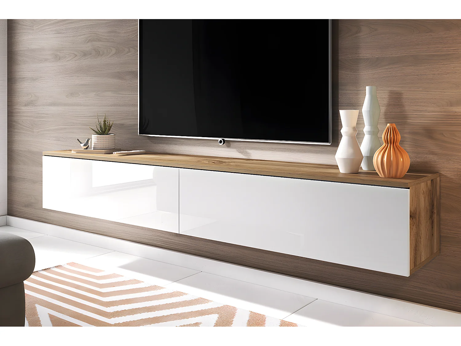 Meuble TV - 180 cm - chêne wotan / blanc brillant -  sans LED - KANE
