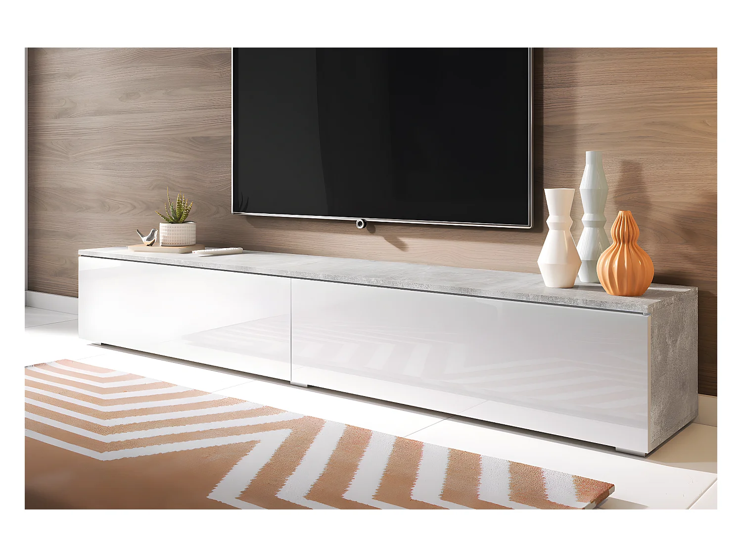 TV-meubel - 180 cm - beton / glanzend wit - zonder LED - KANE