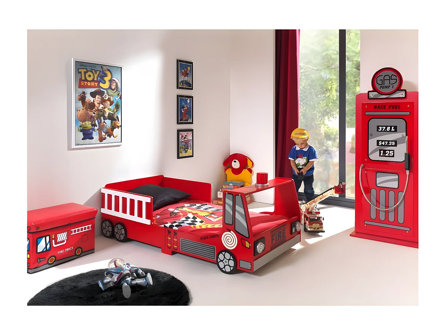 Pack - Lit Enfant & Matelas "Pompier" 70x140cm Rouge