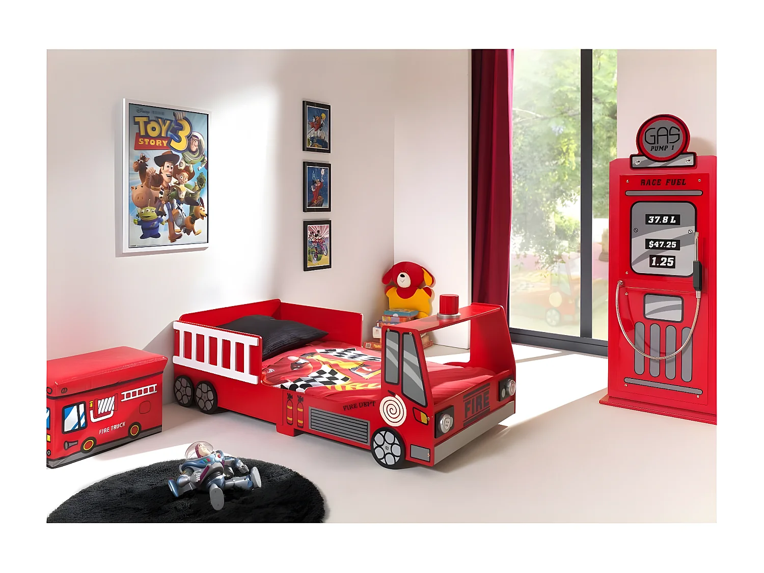 Pack - Lit Enfant & Matelas "Pompier" 70x140cm Rouge