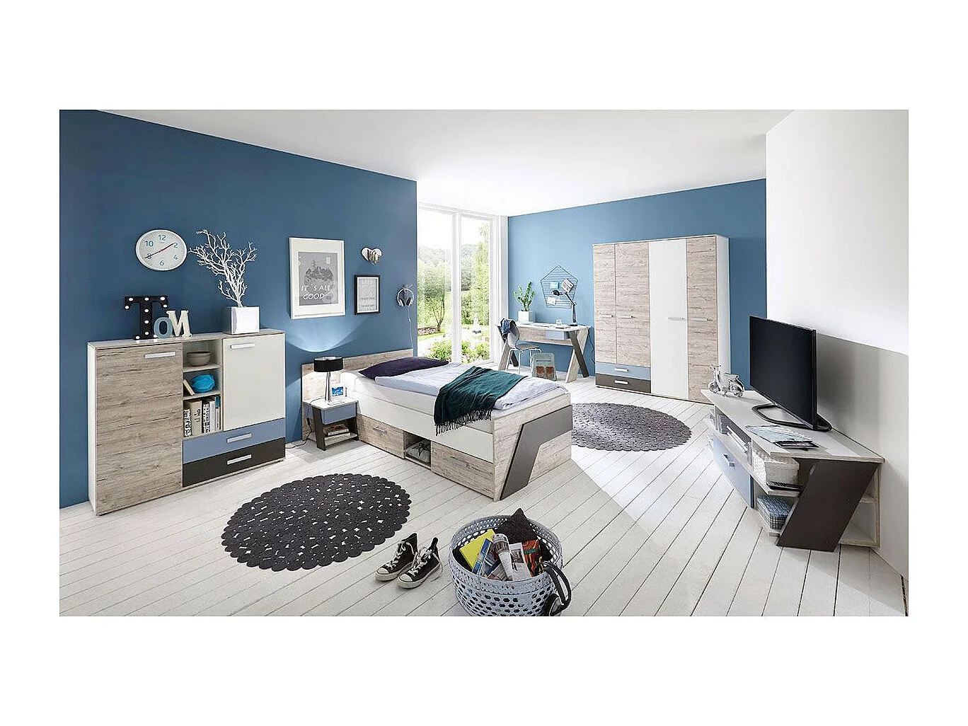 Meuble TV 5 Niches "Anoya" 135cm Chêne & Blanc