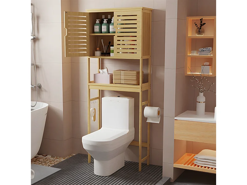 Meuble de Toilette WC Rangement Bambou Dessus des Toilettes Salle de Bain avec Etagère